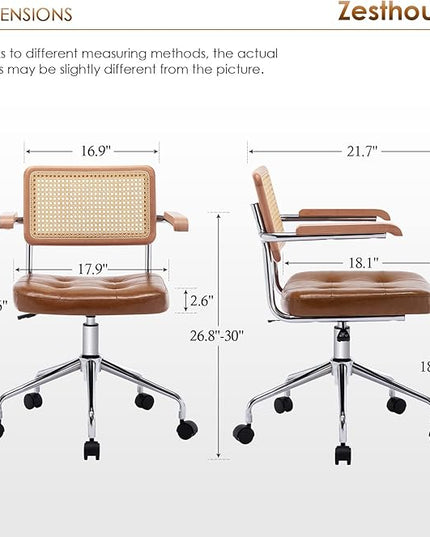 Zesthouse Modern Home Office Chair Leather Desk Chair with Natural Rattan Back, Vanity Chair for Girls Women, Upholstered Tufted Swivel Armchair, Height Adjustable Computer Task Chair - LeafyLoom
