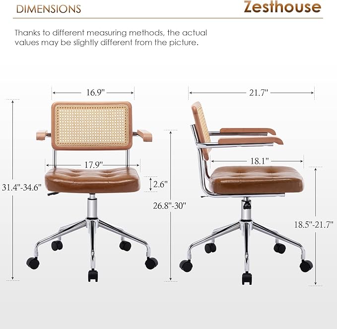 Zesthouse Modern Home Office Chair Leather Desk Chair with Natural Rattan Back, Vanity Chair for Girls Women, Upholstered Tufted Swivel Armchair, Height Adjustable Computer Task Chair - LeafyLoom
