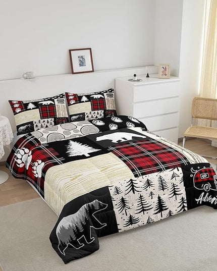 Manfei Bear Comforter Set Twin Size,Pine Trees Animals Hunting Bedding Set for Kids Boys Girls Adults Room Decor,Camping Adventure Rustic Farmhouse Down Comforter,Red Plaids Duvet Insert,1 Pillowcase - LeafyLoom