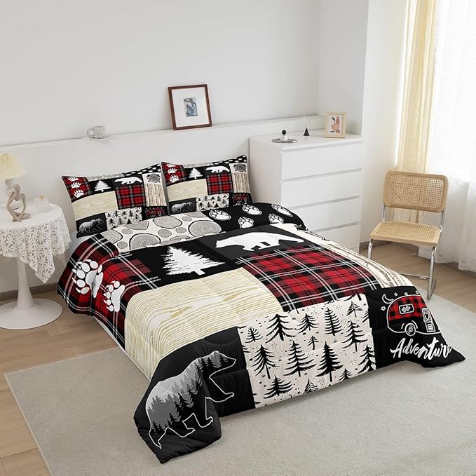 Manfei Bear Comforter Set Twin Size,Pine Trees Animals Hunting Bedding Set for Kids Boys Girls Adults Room Decor,Camping Adventure Rustic Farmhouse Down Comforter,Red Plaids Duvet Insert,1 Pillowcase - LeafyLoom