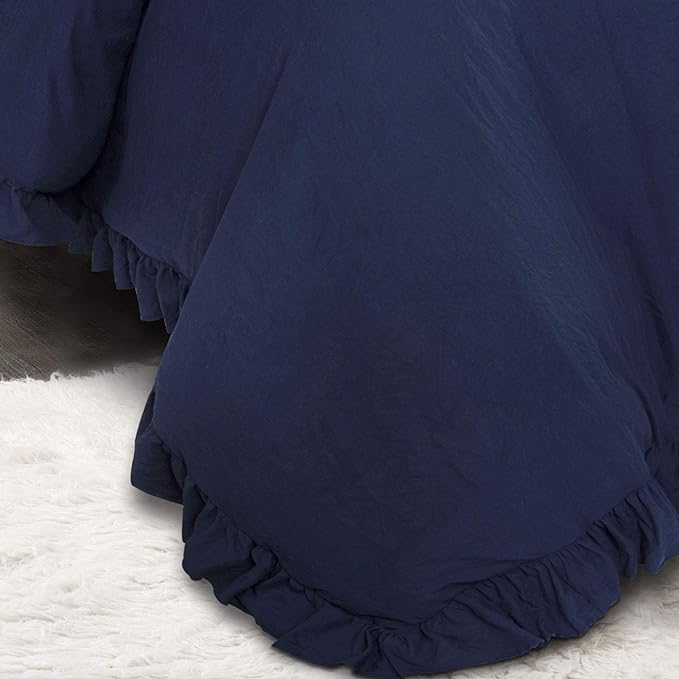 Lush Decor Reyna Ruffle Comforter Set - 3 Piece Cozy Ruffled Bedding Set - Timeless Elegance and Comfort for Dorm Room - Full/ Queen, Navy - LeafyLoom