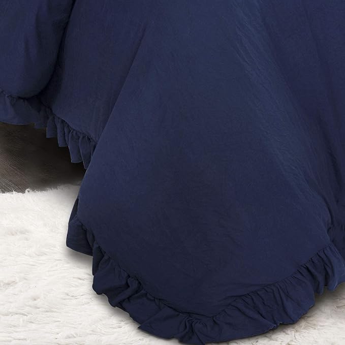 Lush Decor Reyna Ruffle Comforter Set - 3 Piece Cozy Ruffled Bedding Set - Timeless Elegance and Comfort for Bedroom - King, Navy - LeafyLoom