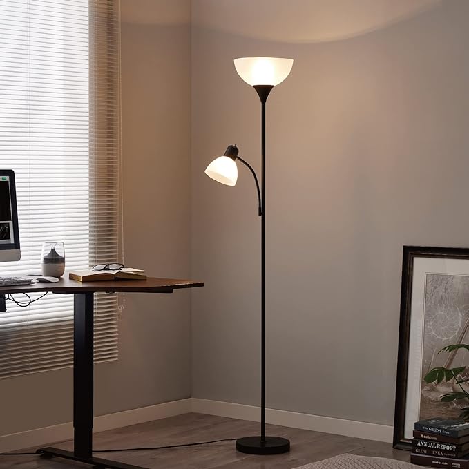 Adjustable Black Floor Lamp with Reading Light Susan Modern Standing Lamp for Living Room/Office Lamp 72" Tall - 150-watt with Side Reading Light Corner Lamp (Black) - LeafyLoom