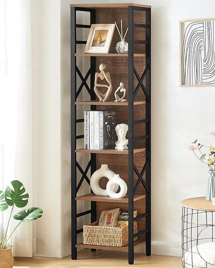 Bookcase, Narrow Bookcase with Cube Storage Shelf, Industrial 6 Tier Slim Bookshelf,Skinny Bookseca for Corner Small Space, Living Room, Bedroom and Home Office, Brown - LeafyLoom