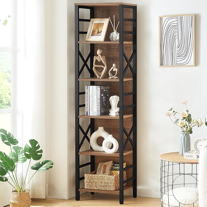 Bookcase, Narrow Bookcase with Cube Storage Shelf, Industrial 6 Tier Slim Bookshelf,Skinny Bookseca for Corner Small Space, Living Room, Bedroom and Home Office, Brown - LeafyLoom