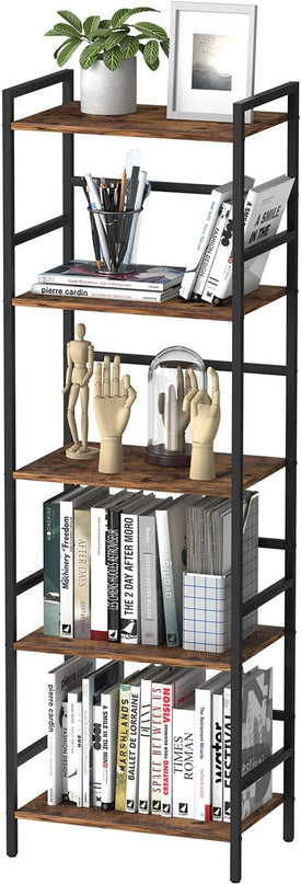 CADUKE 5 Tier Industrial Bookshelf Tall Bookcase with Storage Book Shelf Stand Wood and Metal Book Shelves for Office Brown Bookcase Shelf for Bedroom Kids Room - LeafyLoom