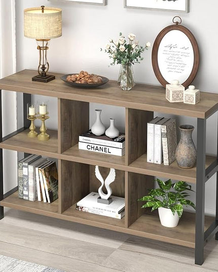 FOLUBAN 6 Cube Storage Organizer with Shelf, Industrial Horizontal Bookshelf, Low Cubby Bookcase for Living Room Bedroom, 47 Inch Oak - LeafyLoom