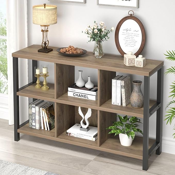 FOLUBAN 6 Cube Storage Organizer with Shelf, Industrial Horizontal Bookshelf, Low Cubby Bookcase for Living Room Bedroom, 47 Inch Oak - LeafyLoom