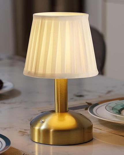 KDG Modern Cordless Small Table Lamp, Portable LED Fabric Shade Desk Lamps, 5000mAh Rechargeable Battery Operated Lighting for Bedroom, Bedside, Bar, Living Room, Dining Room, Night Light(Gold) - LeafyLoom