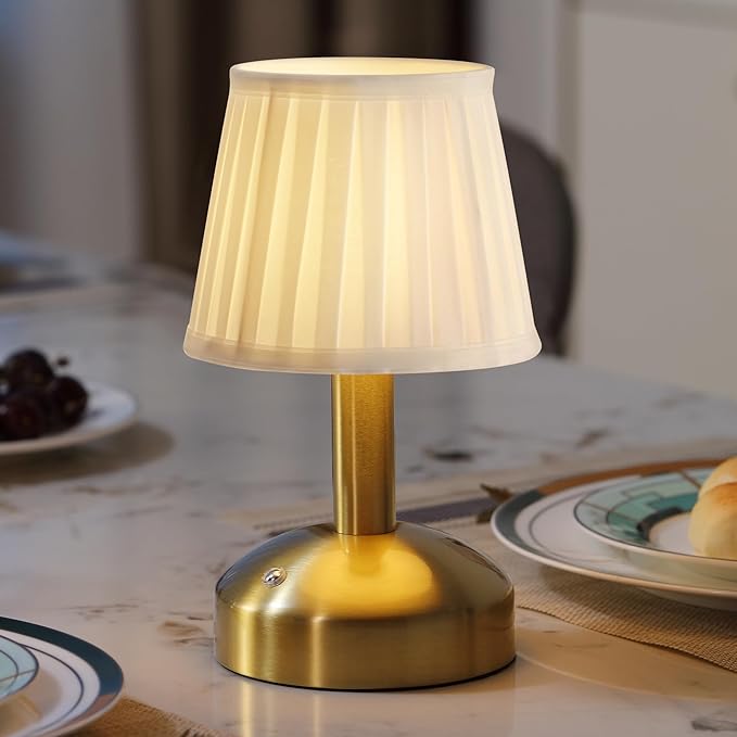 KDG Modern Cordless Small Table Lamp, Portable LED Fabric Shade Desk Lamps, 5000mAh Rechargeable Battery Operated Lighting for Bedroom, Bedside, Bar, Living Room, Dining Room, Night Light(Gold) - LeafyLoom