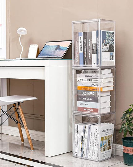 FABROK Clear Book Storage Organizer Box, Plastic Stackable Book Display Case with Magnetic Door, Assemble Storage Showcase for Toy Dolls, Books, Handbags, Shoes Organizing - LeafyLoom