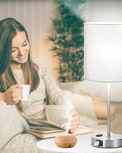 𝟮𝟬𝟮𝟯 𝗡𝗘𝗪 Set of 2 Touch Grey Table Lamps with 2 USB Ports & AC Outlet, 3-Way Dimmable Bedside Nightstand Lamps for Bedroom Living Room Nursery, 800 Lumens 5000K Daylight Bulbs Included - LeafyLoom