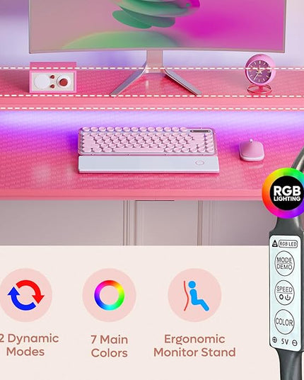 Bestier Gaming Desk with Power Outlets and USB Charging Ports, 52 Inch LED Small Computer Desk with Monitor Stand, Home Office Desk with Cup Holder & Headset Hooks, Desk for Office, Carbon Fiber Pink - LeafyLoom
