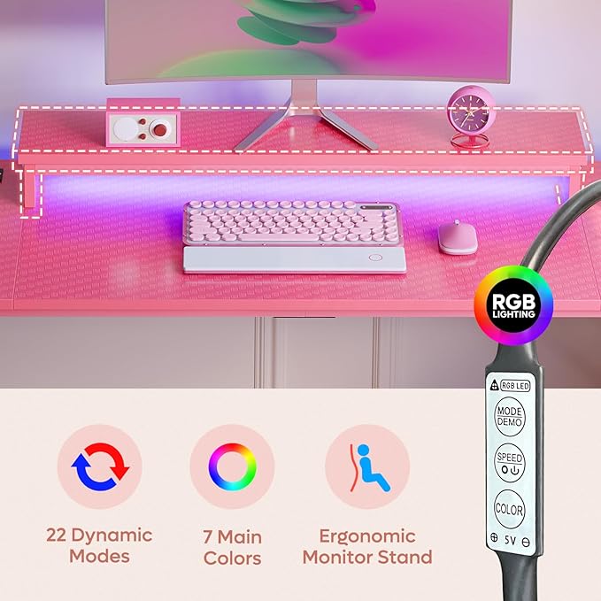 Bestier Gaming Desk with Power Outlets and USB Charging Ports, 52 Inch LED Small Computer Desk with Monitor Stand, Home Office Desk with Cup Holder & Headset Hooks, Desk for Office, Carbon Fiber Pink - LeafyLoom