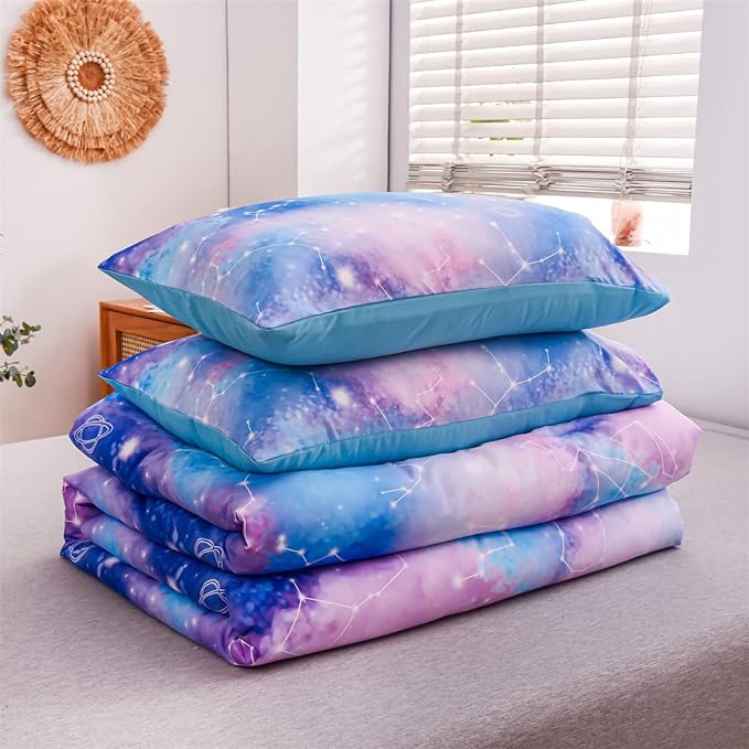 Holawakaka Tie Dye Constellation Print Ombre Comforter Set Queen Size Boys Girls Gradient Galaxy Bedding Set (Blue Purple, Queen) - LeafyLoom