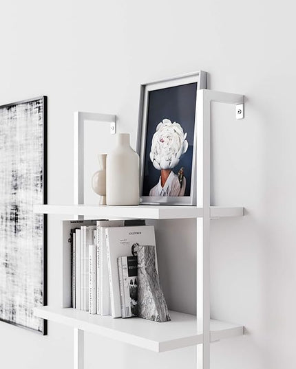 Nathan James 65506 Theo 5-Shelf White Modern Bookcase, Open Wall Mount Ladder Bookshelf with Industrial White Metal Frame, White - LeafyLoom