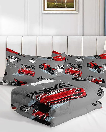 Axolotl Kid Comforter Set Twin Size,Racing Car Bedding Set for Boys Girls Teen Kids Children Car Racing Gifts,Race Cars Quilt Bed Set with 1 Comforter 2 Pillowcases,Red Grey - LeafyLoom