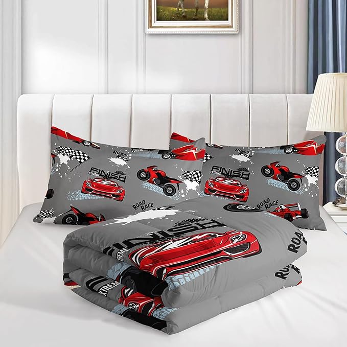 Axolotl Kid Comforter Set Twin Size,Racing Car Bedding Set for Boys Girls Teen Kids Children Car Racing Gifts,Race Cars Quilt Bed Set with 1 Comforter 2 Pillowcases,Red Grey - LeafyLoom