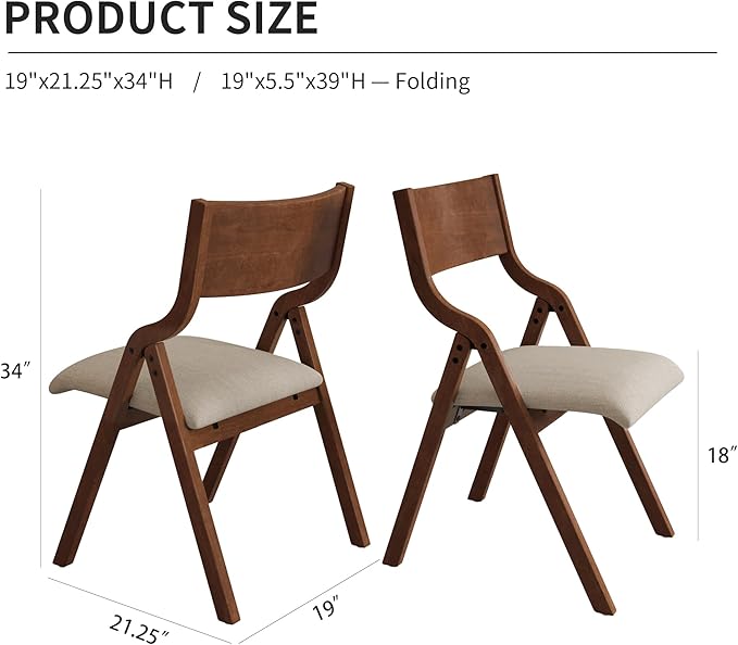 Ball & Cast Padded Folding Chairs 2 Pack,Solid Wood Frame,18" Seat Height,Space Saving,Easy to CarrySuitable for dining room, bedroom and outdoor, Walnut - LeafyLoom