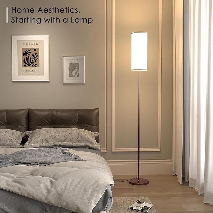 Floor Lamp for Living Room, Modern Standing lamp with Remote Control, Stepless Dimmable 12W Bulb & Beige Lampshade Included, Brown Pole Tall Floor Lamp for Bedroom Office - LeafyLoom