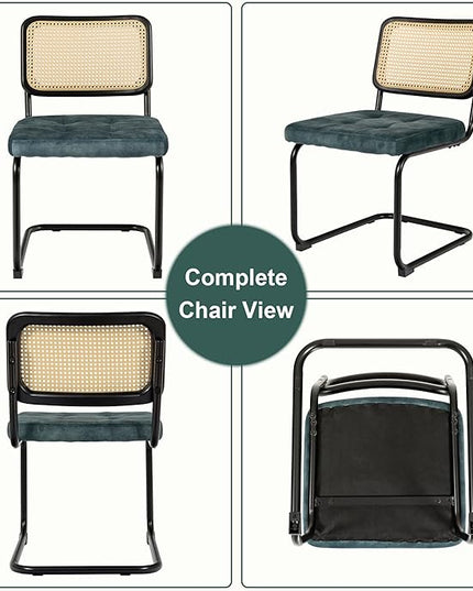 Mid Century Modern Dining Chairs Set of 2, Rattan Cantilever Kitchen Chairs, Dining Room Chairs Blue Upholstered, Solid Wood Cane Back, Black Stainless Chrome Base Heavy Duty - LeafyLoom