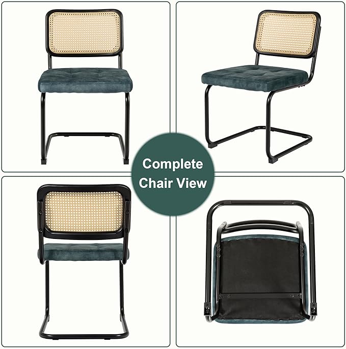 Mid Century Modern Dining Chairs Set of 2, Rattan Cantilever Kitchen Chairs, Dining Room Chairs Blue Upholstered, Solid Wood Cane Back, Black Stainless Chrome Base Heavy Duty - LeafyLoom