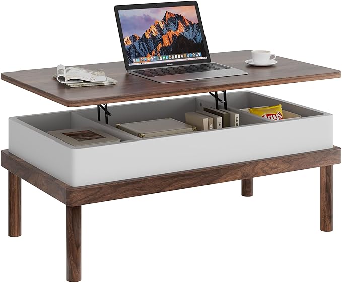 Shintenchi Coffee Table, Lift Top Coffee Table with Hidden Compartment, Rising Tabletop Dining Table, Lift Top Coffee Center Table for for Living Room, Office, Home (Walnut) - LeafyLoom