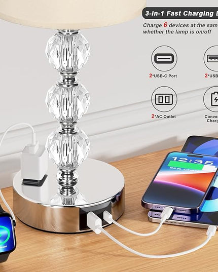Acaxin Bedside Lamps for Bedrooms Set of 2 Nightstand- Crystal Table Lamps with USB C+A Ports & AC Outlet for Charging, 3 Way Dimmable Touch Silver Small Bed Side Lamp for Living Room/Guest Room - LeafyLoom