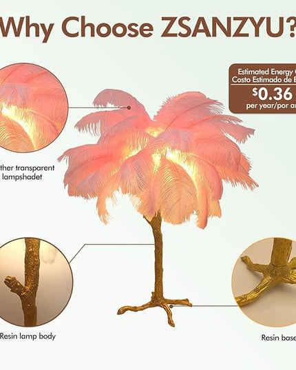 Ostrich Feather Desk Lamp Bedside Pink Cute Lamp Gold Resin Table Lamp, Coconut Tree Feather Lamp for Bedroom Living Room Hallway Wedding Girls Bedroom Night Light G4 Base - LeafyLoom