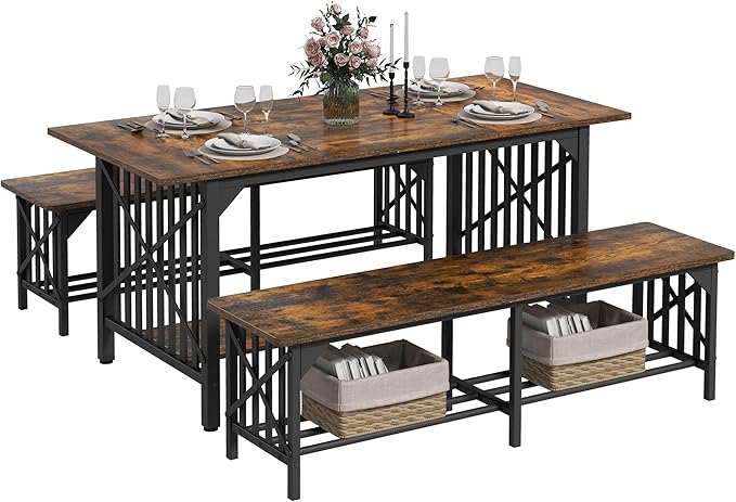 DWVO 3-Piece Dining Table Set for 4-6 People, 63" Dining Room Table with 2 Benches, Industrial Rectangular Dining Room Table Set with Storage for Kitchen, Dining Room, Rustic Brown - LeafyLoom