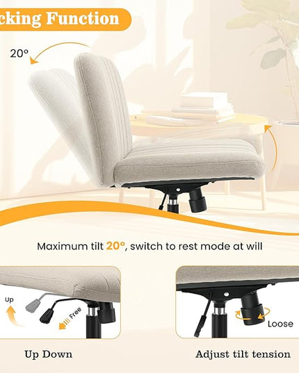 Armless Office Chair with Wheels, Ergonomic Wide Seat Fabric Cross Legged Desk Chair, Swivel Computer Chair for Home Office, Modern Vanity Chair Beige - LeafyLoom
