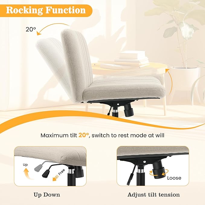 Armless Office Chair with Wheels, Ergonomic Wide Seat Fabric Cross Legged Desk Chair, Swivel Computer Chair for Home Office, Modern Vanity Chair Beige - LeafyLoom