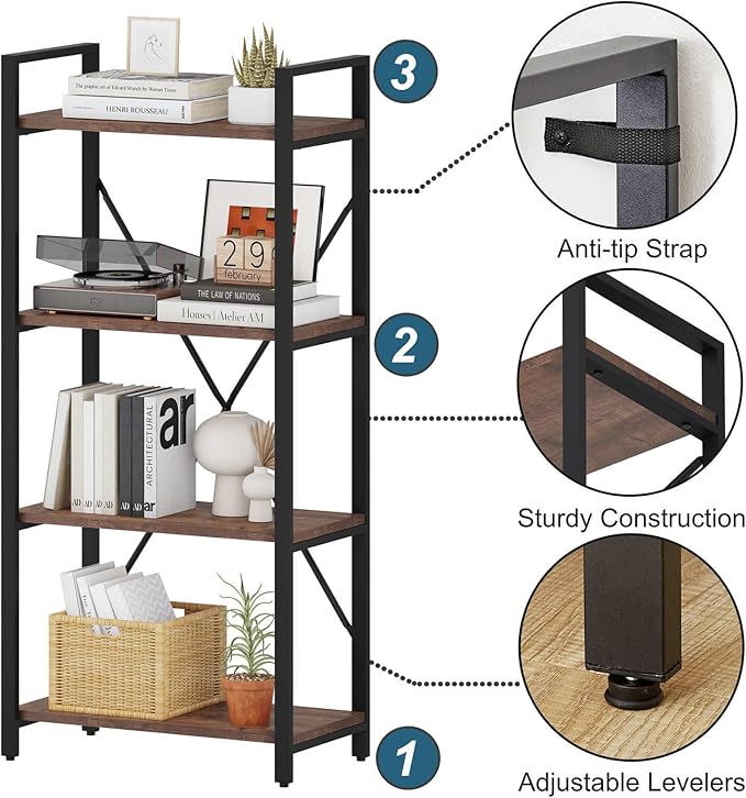 BON AUGURE Industrial 4 Tier Bookshelf, Modern Open Etagere Bookcase, Wood Metal Vintage Shelving Unit for Office Bedroom and Living Room (Rustic Oak) - LeafyLoom