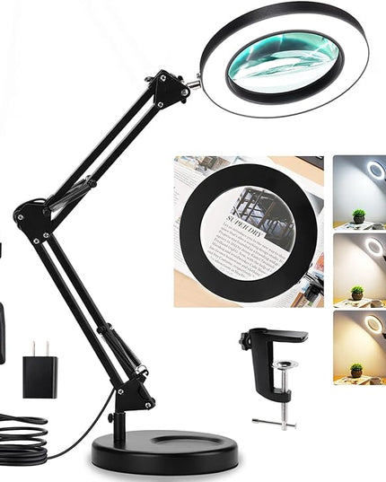 Magnifying Glass with Light and Stand, Veemagni 8X Real Glass 2-in-1 Desk Lamp & Clamp, 3 Color Modes Stepless Dimmable, LED Lighted Magnifier with Light for Hobby Reading Crafts Repair Close Works - LeafyLoom
