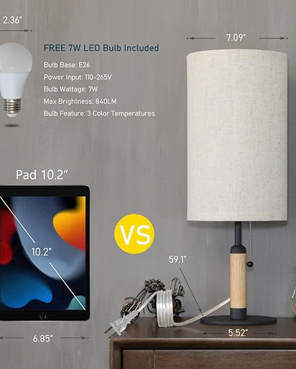 3-Color Temperatures Bedside Table Lamp for Nightstand Living Room Lamps for Bedroom Wood Fabric Pull Chain Switch Small Desk Lamps Home Office End Table Room Decor (Light Brown+Black) - LeafyLoom
