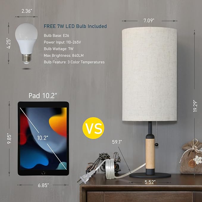3-Color Temperatures Bedside Table Lamp for Nightstand Living Room Lamps for Bedroom Wood Fabric Pull Chain Switch Small Desk Lamps Home Office End Table Room Decor (Light Brown+Black) - LeafyLoom