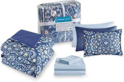 Comfort Spaces Girls Bed in A Bag Floral Comforter Set College Dorm Room Essentials, Complete Dormitory Bedroom Pack And Sheet with 2 Side Pocket Includes Extra Pillowcase Sets, Twin, Medallion Blue - LeafyLoom