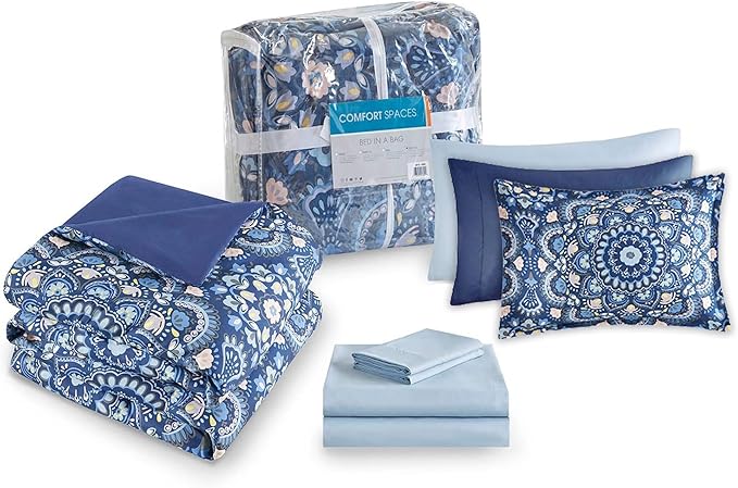 Comfort Spaces Girls Bed in A Bag Floral Comforter Set College Dorm Room Essentials, Complete Dormitory Bedroom Pack And Sheet with 2 Side Pocket Includes Extra Pillowcase Sets, Twin, Medallion Blue - LeafyLoom