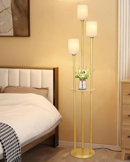 Floor Lamps for Living Room, 3-Lights Modern Floor Lamp with Shelves, Gold Standing Lamp with Fabric Shade and Foot Switch, Shelf Standing Lamps with Table, Tall Table Lamps for Bedroom Office - LeafyLoom