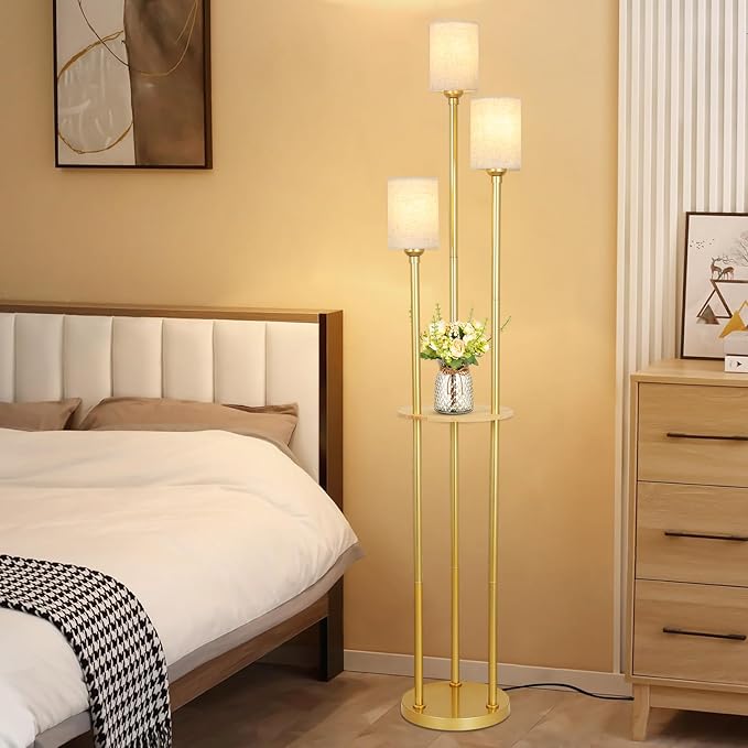 Floor Lamps for Living Room, 3-Lights Modern Floor Lamp with Shelves, Gold Standing Lamp with Fabric Shade and Foot Switch, Shelf Standing Lamps with Table, Tall Table Lamps for Bedroom Office - LeafyLoom