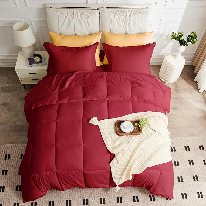 King Size Comforter Set - 3 Pieces, 1 Reversible Comforter and 2 Pillowcases,Soft Quilted Warm Fluffy Cooling Bedding for All Season,Red - LeafyLoom