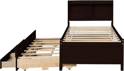 Platform Bed Twin Size with Bookcase Headboard, Trundle and 3 Drawers, Wooden Storage Bedframe for Kids Teens Adults Bedroom - LeafyLoom