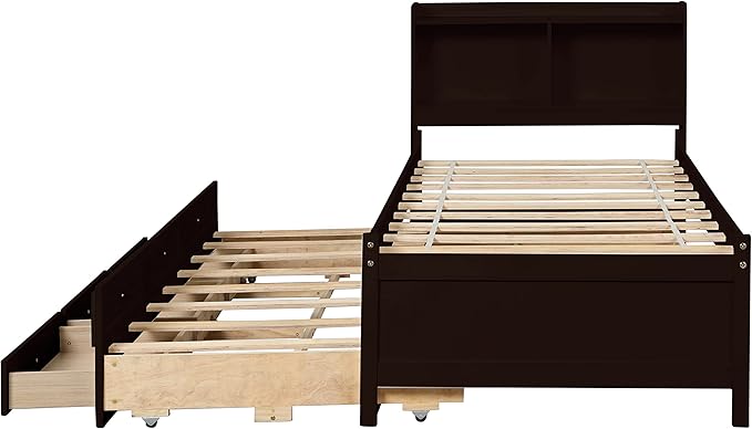 Platform Bed Twin Size with Bookcase Headboard, Trundle and 3 Drawers, Wooden Storage Bedframe for Kids Teens Adults Bedroom - LeafyLoom