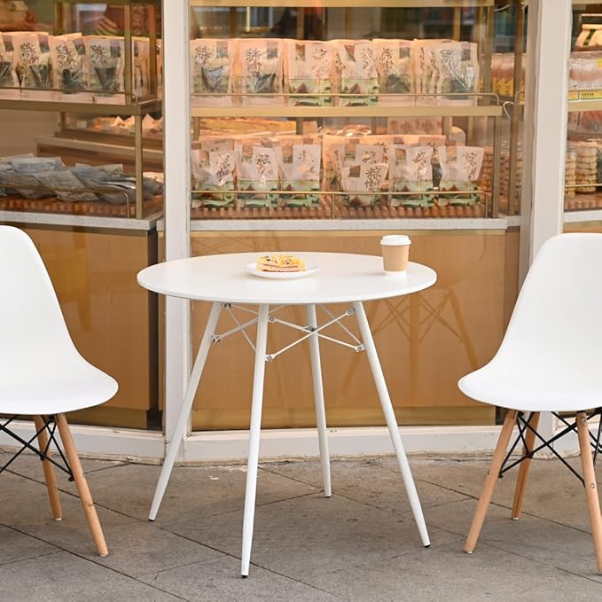 White Round Dining Table Round Table Dia 31.5" Wood Top Metal Legs Simple Modern Kitchen Table for 2 to 4 People Small Place Cafe Office Conference - LeafyLoom
