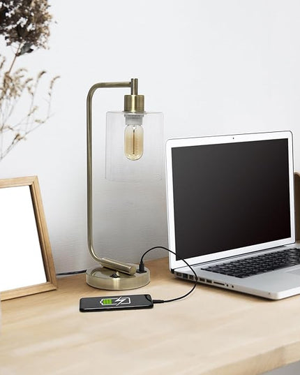 Simple Designs LD1066-ABS Bronson Antique Style Industrial Iron Lantern Desk Lamp with 2 Dual USB Ports and Glass Shade, Antique Brass - LeafyLoom