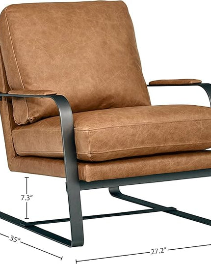 Amazon Brand – Rivet Summit Mid-Century Modern Leather Accent Chair with Steel Arms, Cognac Brown, 35"D x 27.2"W x 27.6"H - LeafyLoom