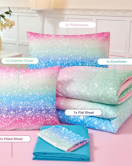 PERFEMET Rainbow Queen Comforter Set with Sheets, 6 Pieces Blue Green Bedding Sets for Girls, Tie Dye Ombre Bed Set for Bedroom Decoration, Lightweight All Season Bed in A Bag - LeafyLoom