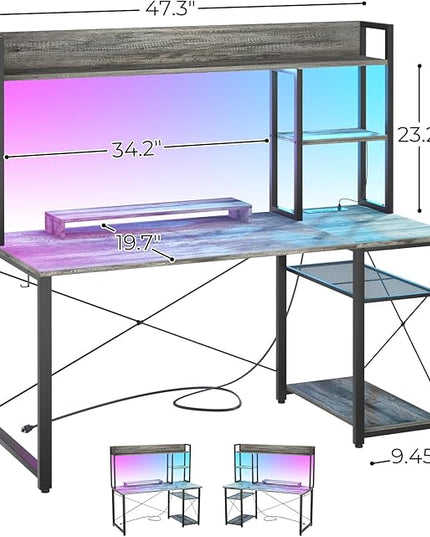 Cyclysio Gaming Desk with Hutch, 47'' Computer Desk with LED Lights & Power Outlets, Home Office Desk with Reversible 5 Tiers Storage Shelves & Monitor Stand, Small Gaming Table for Small Space, Grey - LeafyLoom