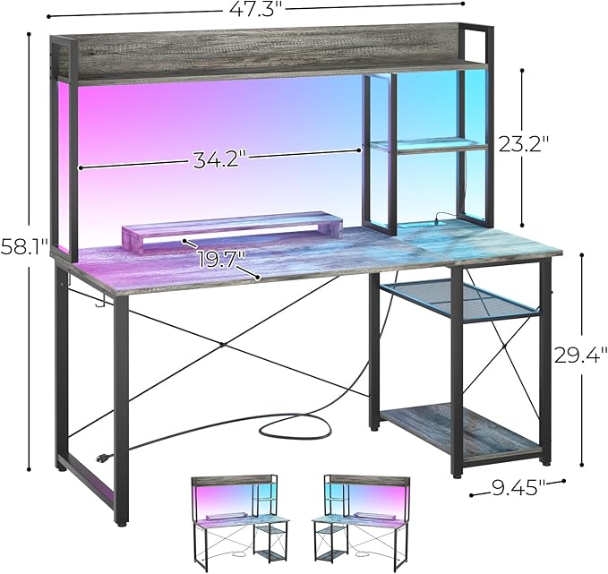 Cyclysio Gaming Desk with Hutch, 47'' Computer Desk with LED Lights & Power Outlets, Home Office Desk with Reversible 5 Tiers Storage Shelves & Monitor Stand, Small Gaming Table for Small Space, Grey - LeafyLoom