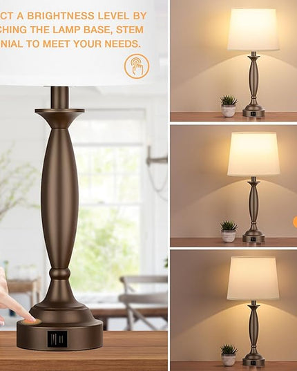 White Brown Lamps for Bedrooms Set of 2 - Touch Control Bedside Lamp with USB C+A, 3 Way Dimmable Nightstand Lamps with USB Port, Table Lamp for Living Room(White Shade and Brown Base) - LeafyLoom